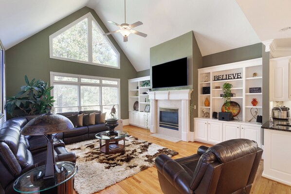 Télévision, cheminée, espaces bureaux