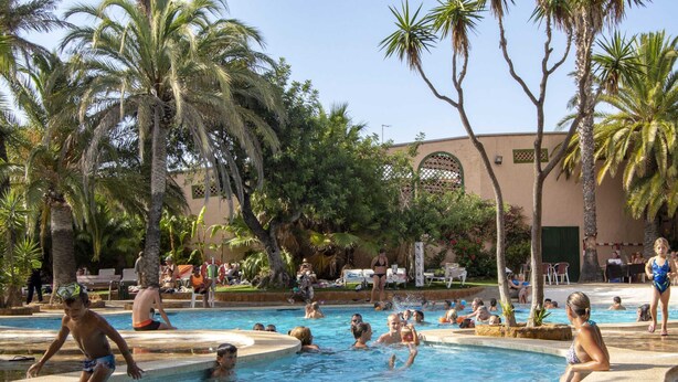 A pool area with multiple swimming pools, palm trees, and lounge chairs. - Wooden Chalet With Parking (Mont-roig del Camp)