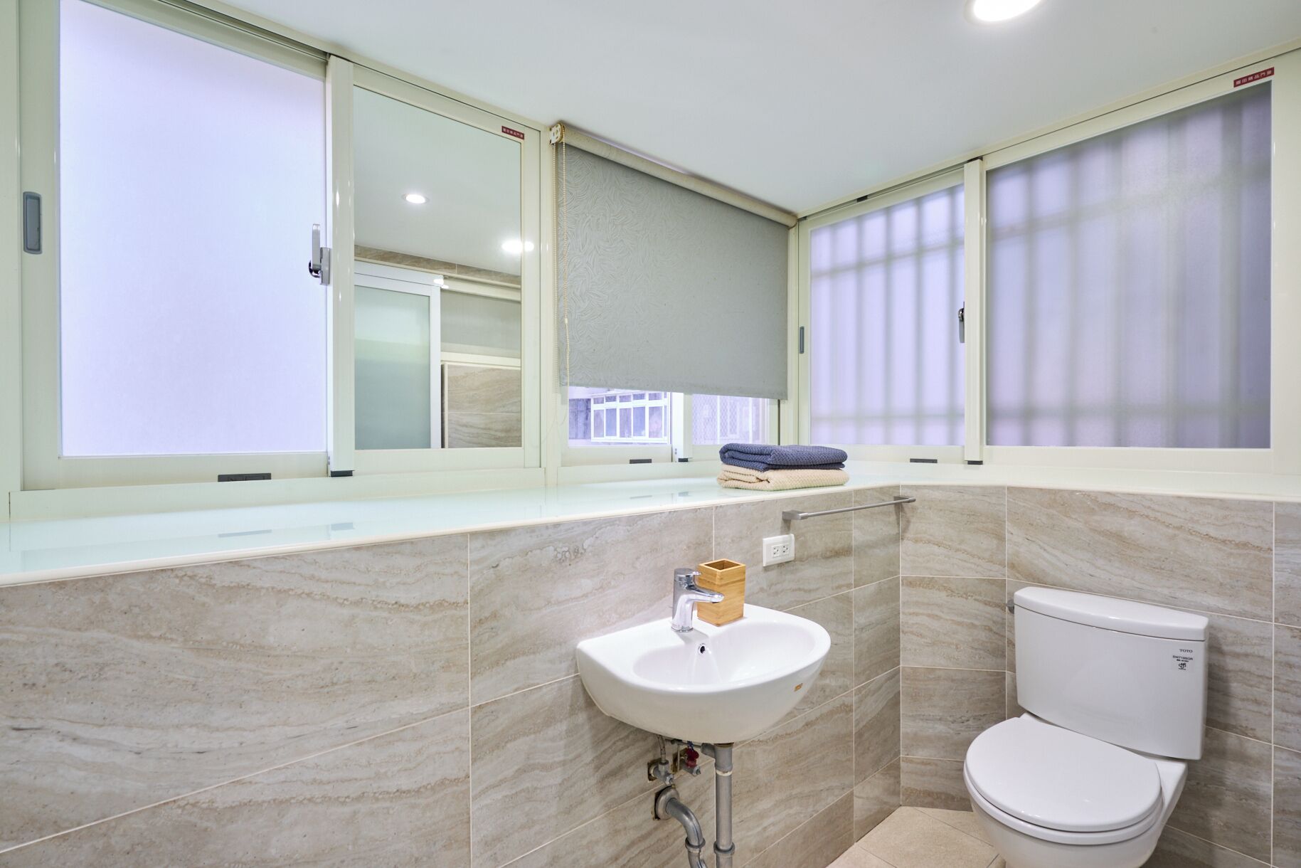 Hair dryer, towels, soap, shampoo