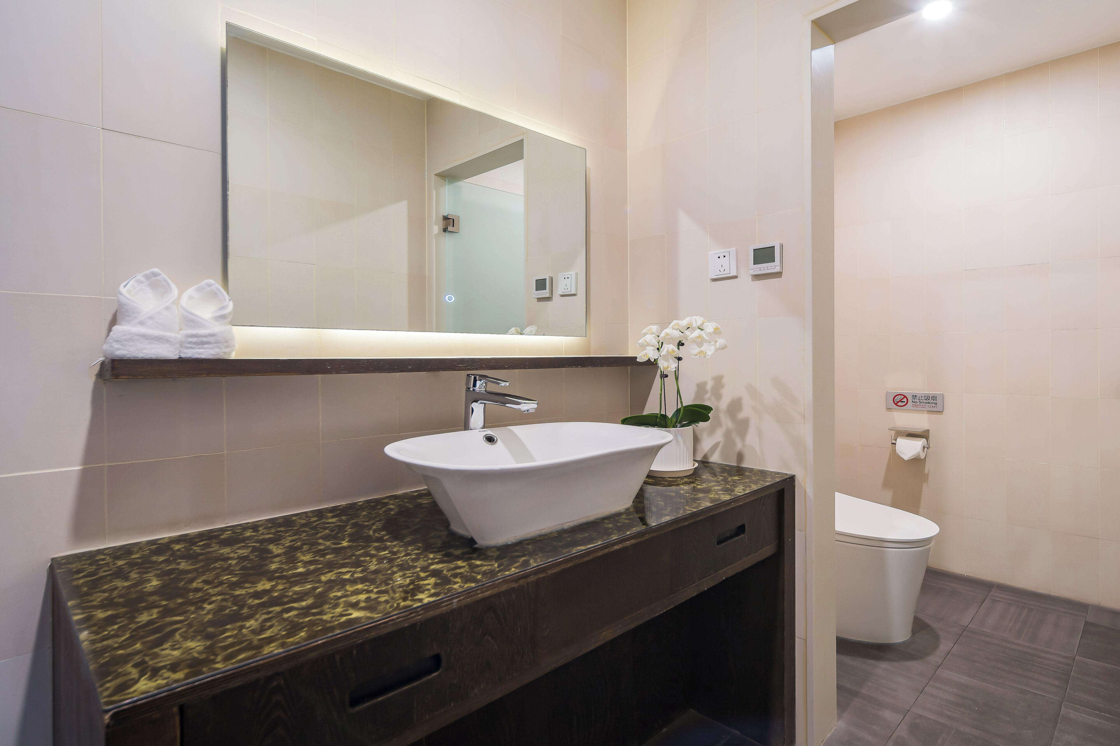 A bathroom with a white sink, dark countertop, and a mirror above it. There is a toilet to the right and a trash bin below.
