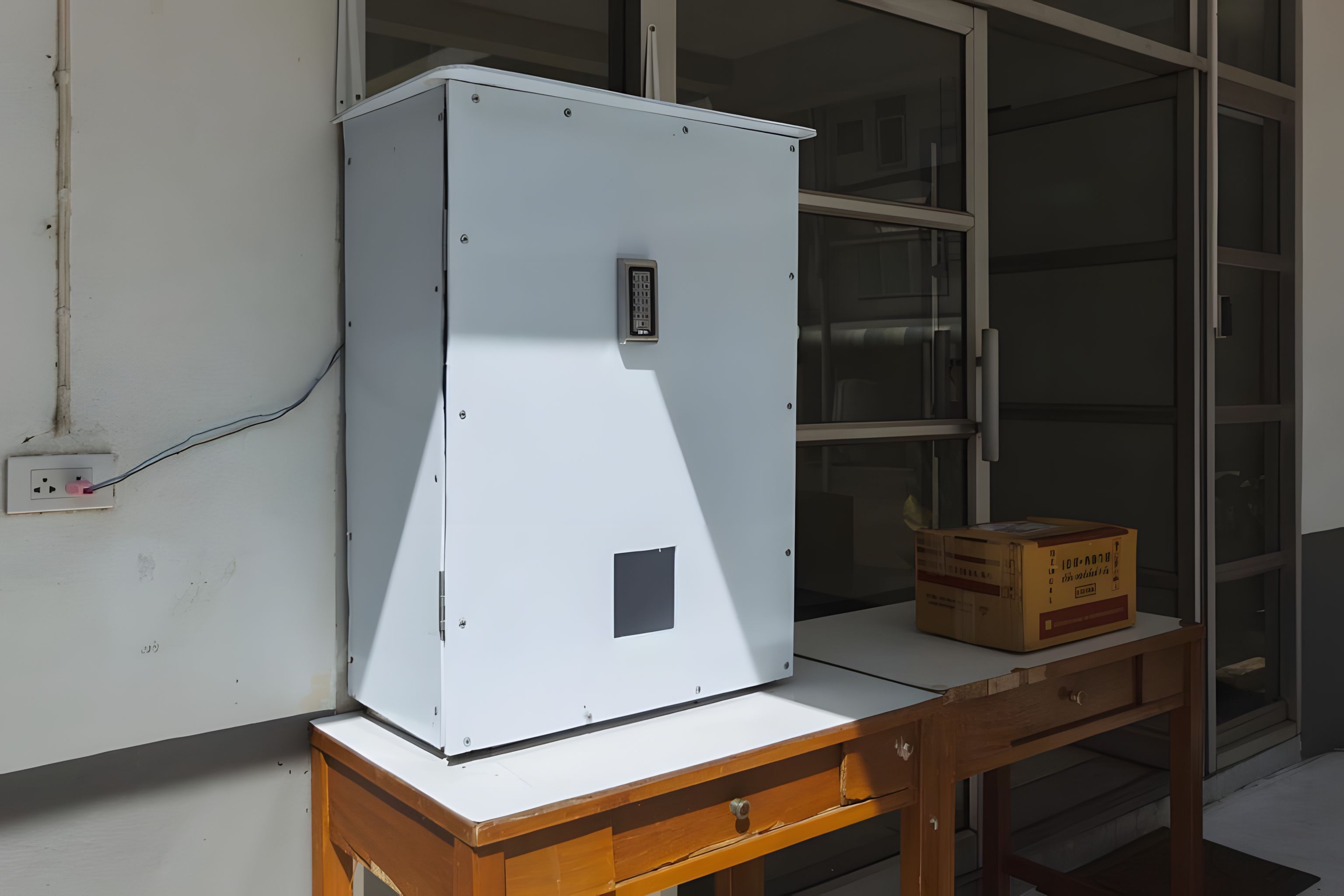 A white electrical box mounted on a wall with a cable connected to it.
