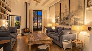 TV connectée, cheminée, lecteur de DVD, livres