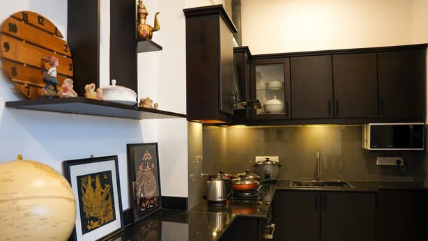 Una cocina moderna con armarios oscuros, una estufa, un microondas y objetos decorativos en estantes.