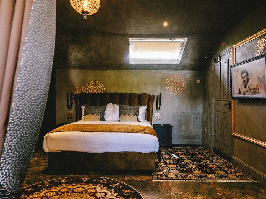A bedroom with a large bed, a skylight, a patterned rug, and a framed picture on the wall.