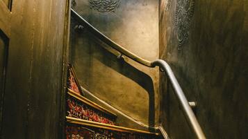 A staircase with ornate carpeted steps and metal railings.