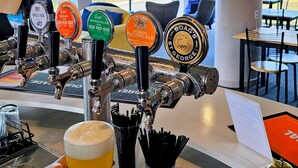 A bar area with multiple beer taps and glasses of beer. - Lufra Beachside Hotel (Eaglehawk Neck)
