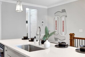 A modern kitchen with a white countertop, stainless steel sink, and a potted plant. - Near Gulch 12 South Book Luxury Now (Nashville)
