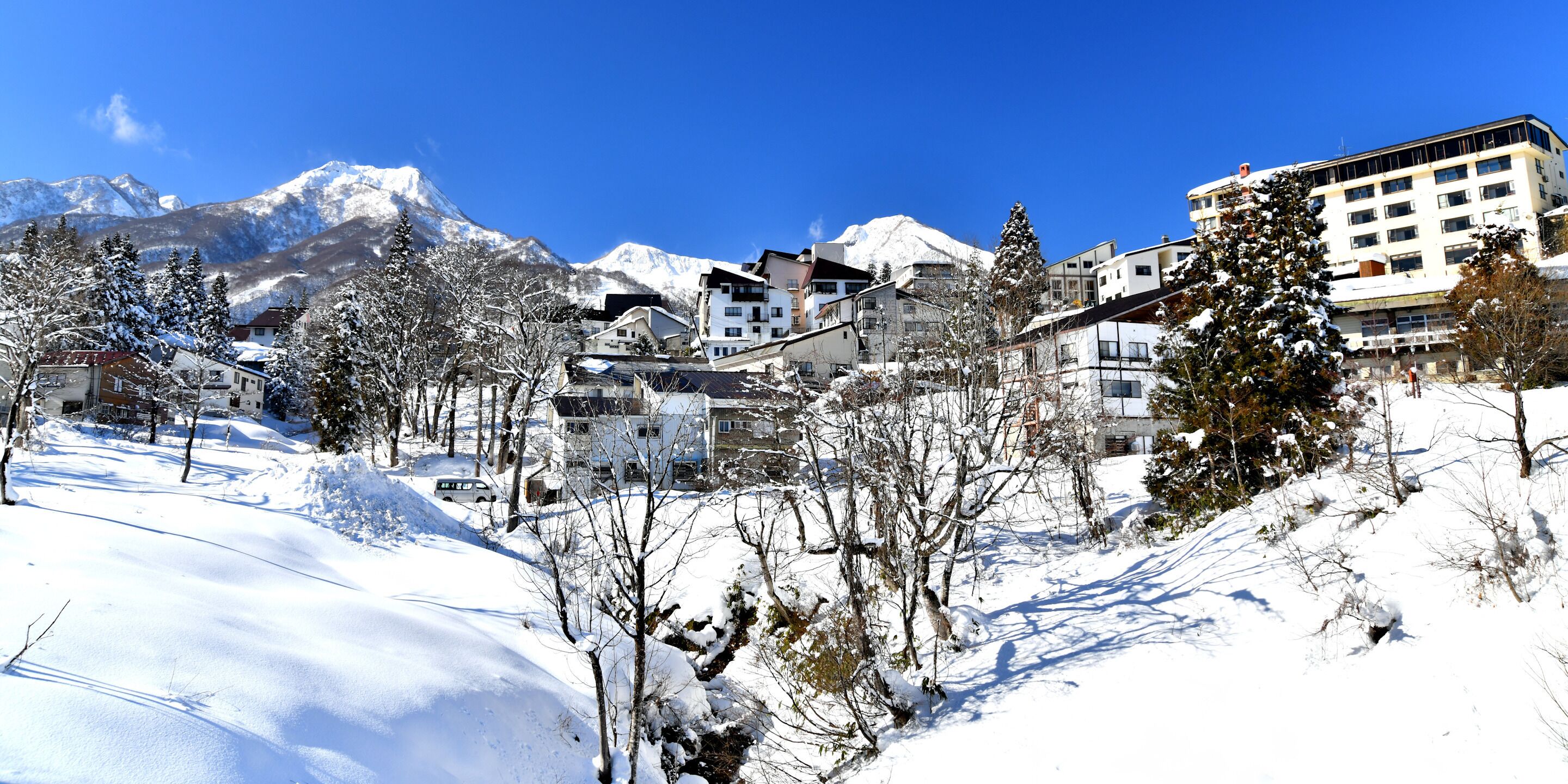 Une ville de montagne enneigée, avec des bâtiments et des arbres.