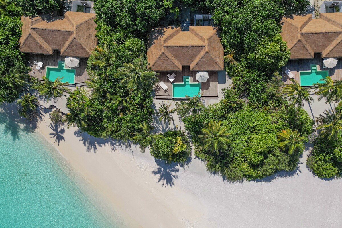 A beachfront property with three thatched-roof villas, each with a private pool, surrounded by lush tropical vegetation.