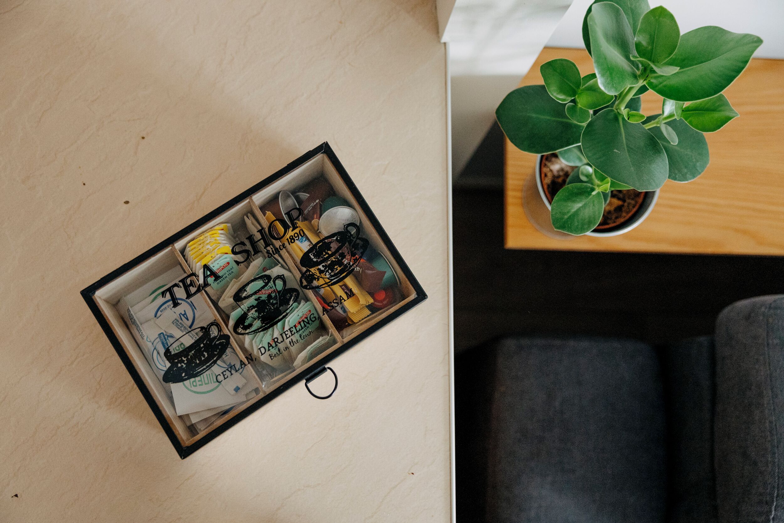 A box of tea bags and a potted plant on a table.