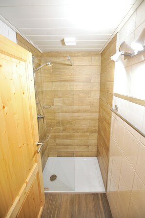 Shower, hair dryer, towels, toilet paper