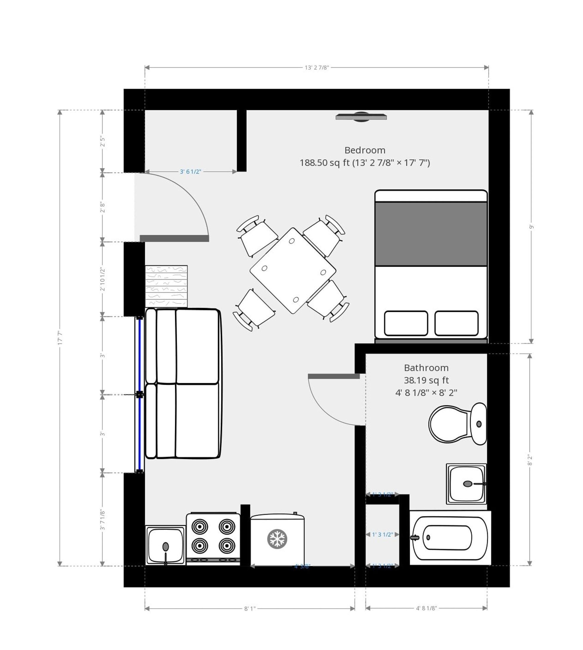 A bedroom measuring 188.5 sq ft (13' 2 7/8" x 17' 7") and a bathroom measuring 38.19 sq ft (4' 8 1/8" x 8' 2").