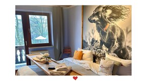 A cozy room with a bed, a wooden side table with towels and a glass, and a large wall mural of a dog.