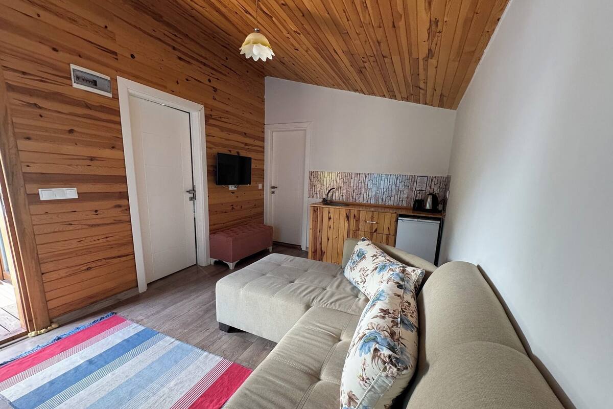 Ein gemütliches Zimmer mit Holzbalkendecke, einer Couch mit floralen Kissen, einem Streifen Teppich und einer kleinen Küchenzeile.
