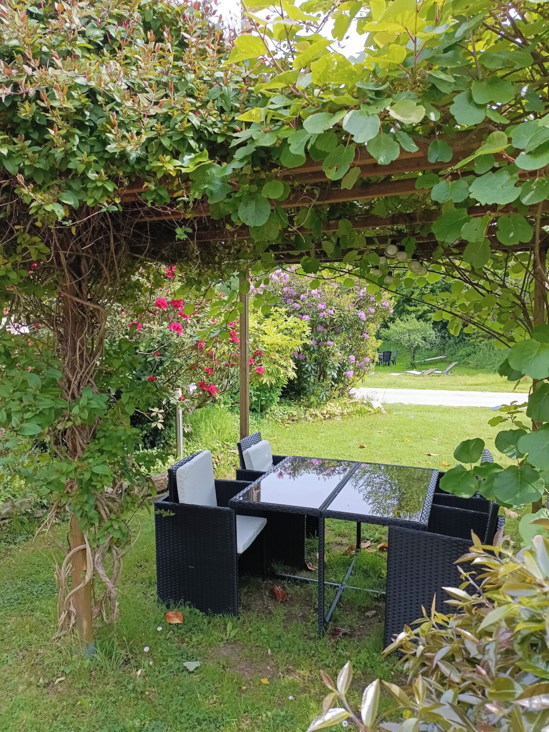 A garden patio with a table and chairs, surrounded by lush greenery and flowering plants.