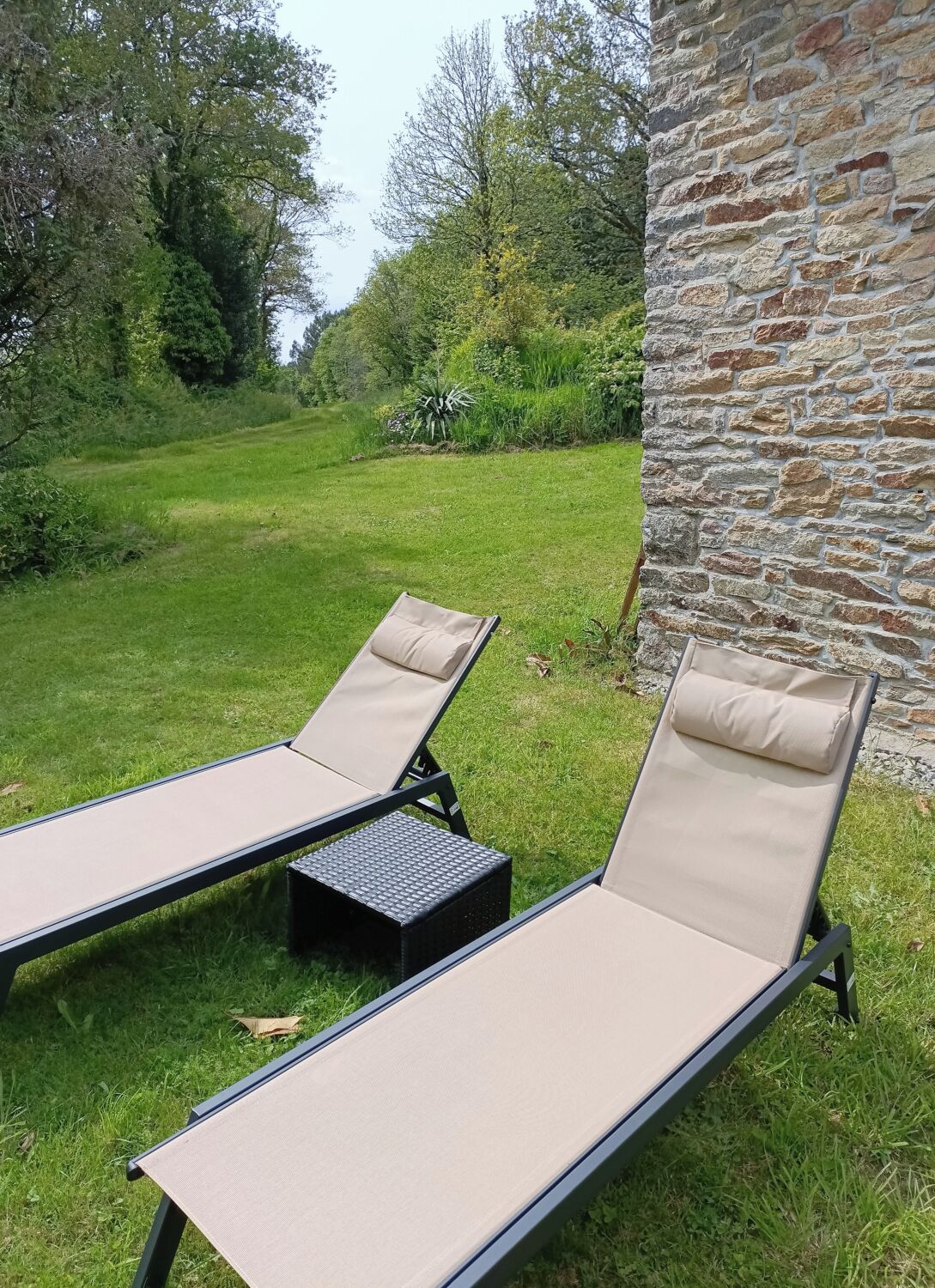 Two lounge chairs with cushions, positioned on a grassy lawn with a stone wall in the background.