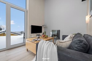 Televisión, chimenea, reproductor de DVD y estéreo 