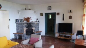 Ein Wohnzimmer mit Kamin aus Stein, einem Fernseher und einem gelben Sofa.