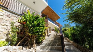 Un bâtiment moderne avec une façade en pierre, un escalier en bois et une végétation luxuriante.