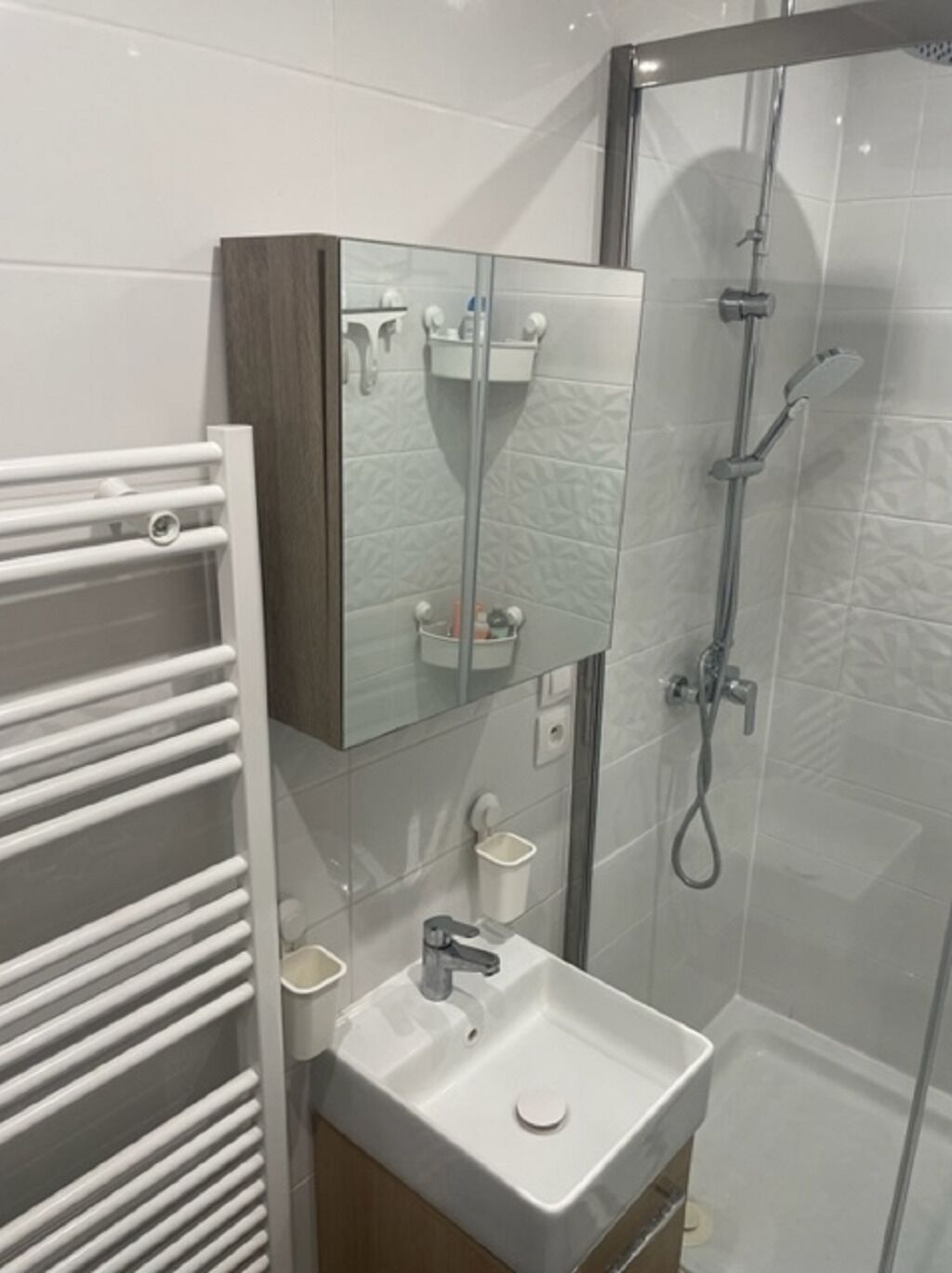 Ein modernes Badezimmer mit Duschkabine aus Glas, einem weißen Waschbecken und einem Spiegel darüber.