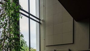 A modern interior with large windows, a potted plant, and two brown sofas. - Robertas Society (Aarhus)
