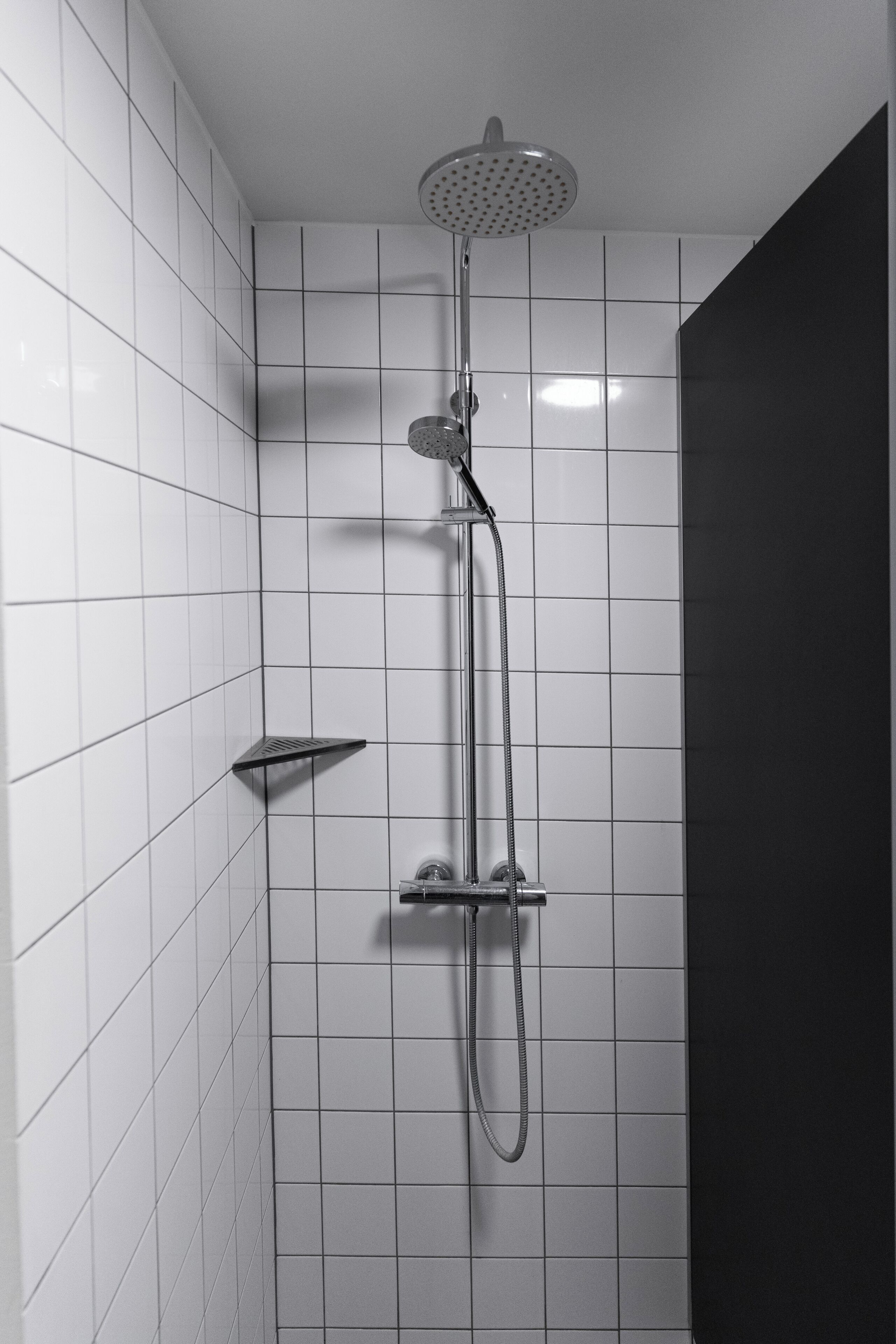 Eine Dusche mit Handbrause und Duschhandstück.