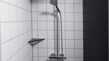 Ducha con cabezal de ducha de mano y rociador manual.