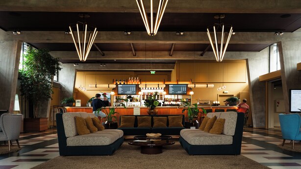 A modern lobby with a bar area, seating, and a large plant. - Robertas Society (Aarhus)