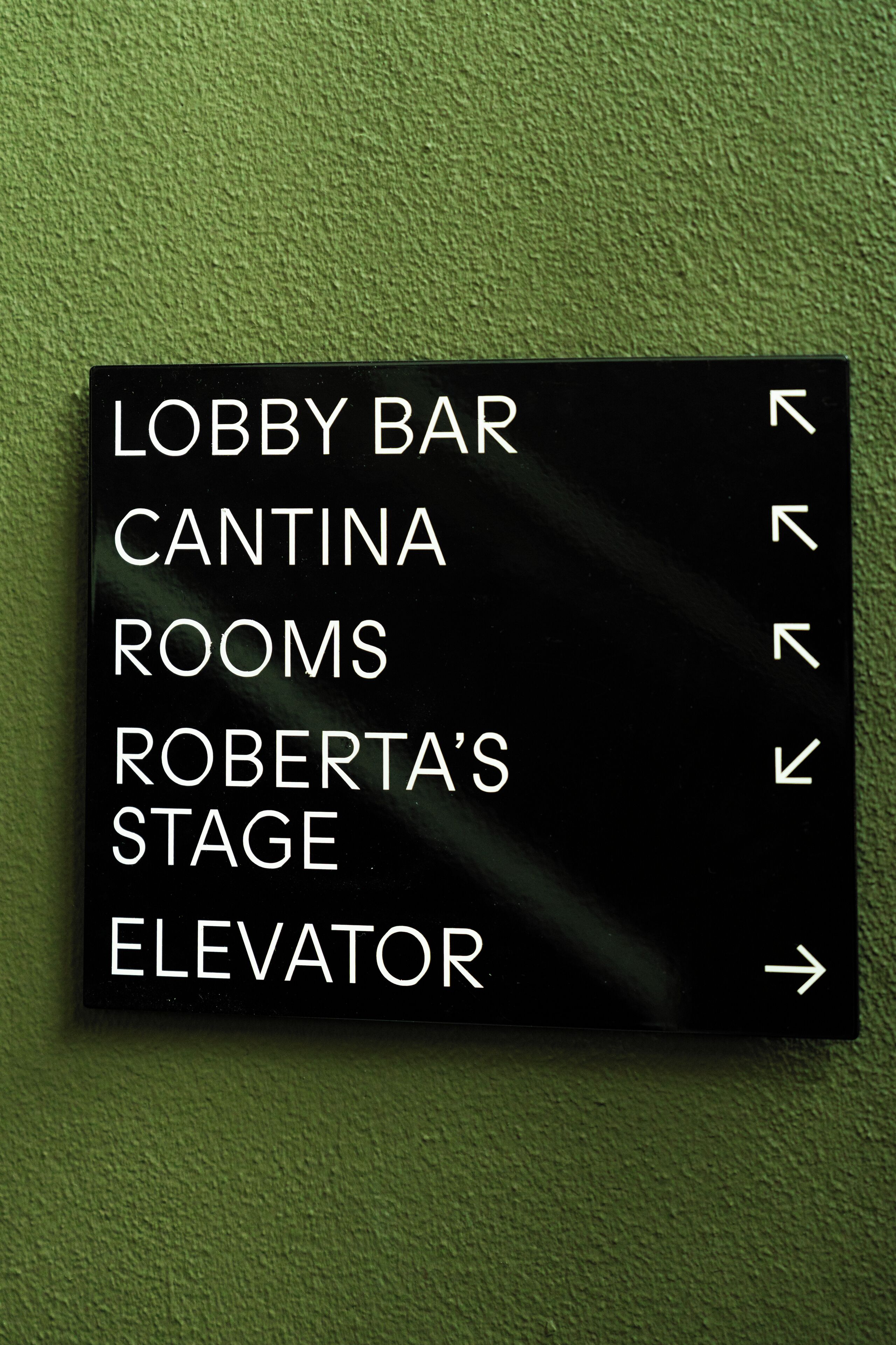 Ein Wegweiser mit Pfeilen, die zu verschiedenen Orten zeigen: Lobby Bar, Cantina, Zimmer, Roberta's Stage und Aufzug.