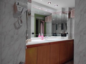 Shower, hair dryer, bidet, towels