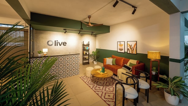 Una sala de estar moderna con un sofá, una mesa de centro y sillas. Hay un letrero que dice 'live' en la pared, una estantería y una planta.