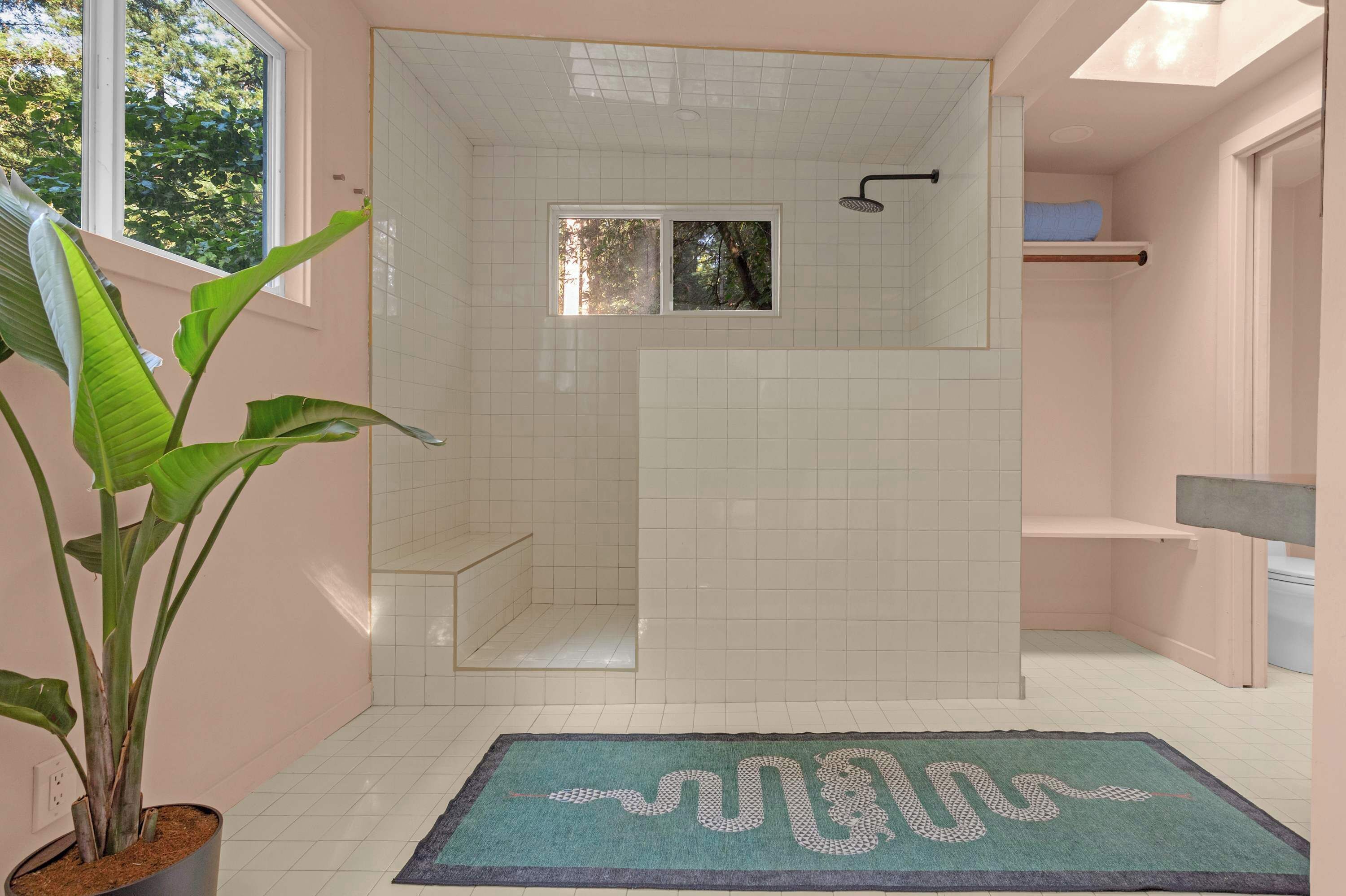 Un bagno con doccia, una finestra e una pianta in vaso.