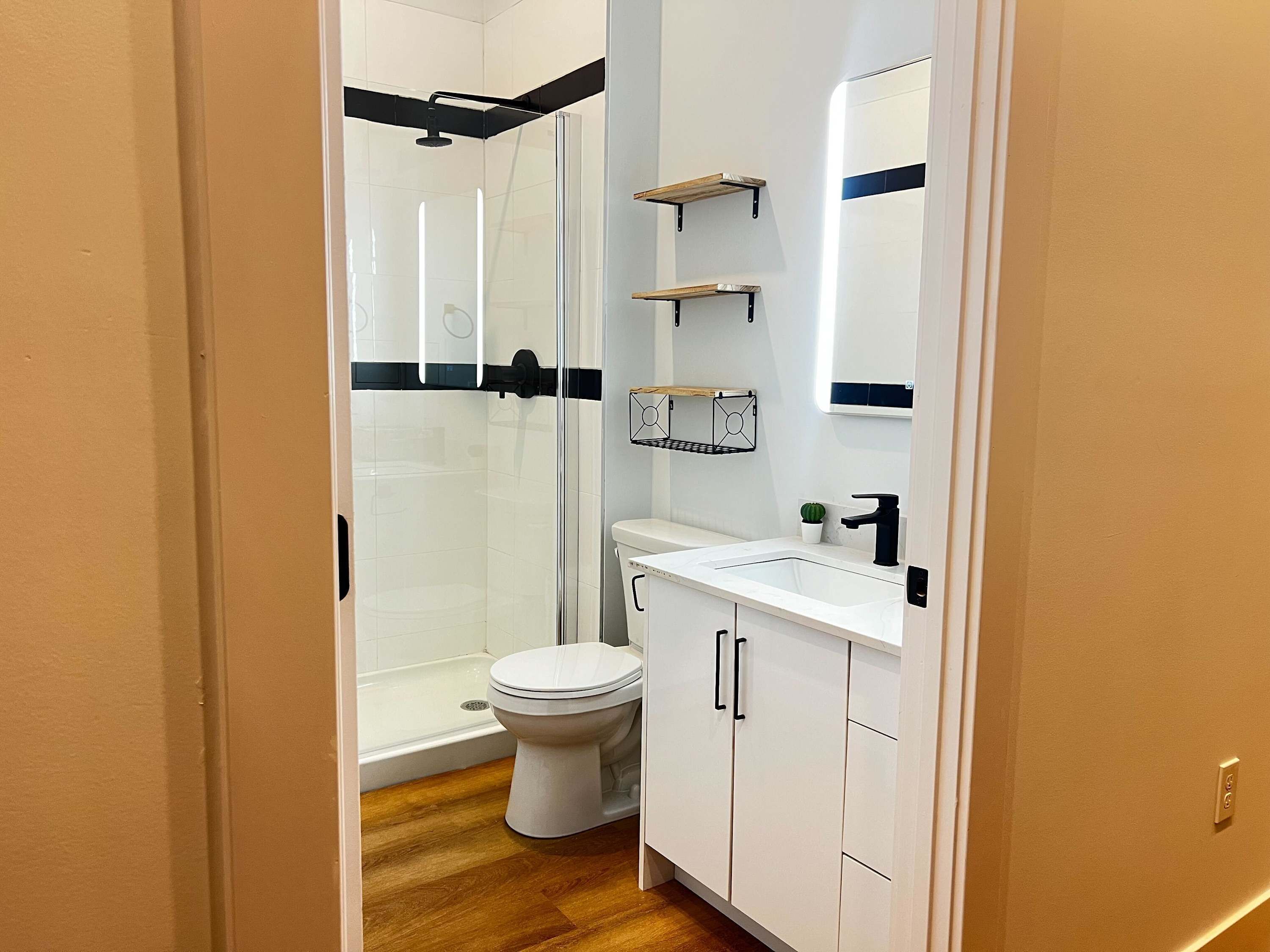 Shower, hair dryer, towels