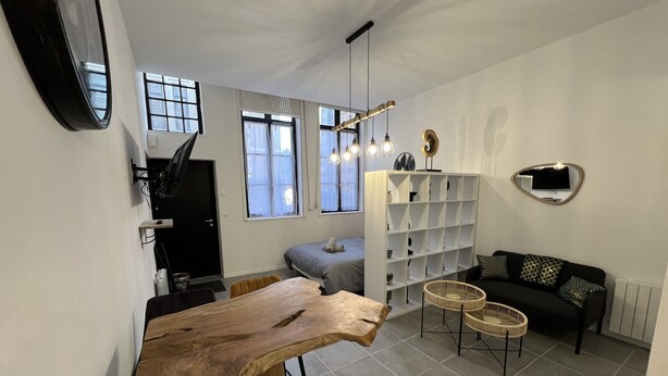A modern living space with a kitchen area, a dining table, a sofa, and a bookshelf.