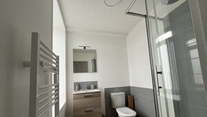 A modern bathroom with a shower, toilet, and vanity.