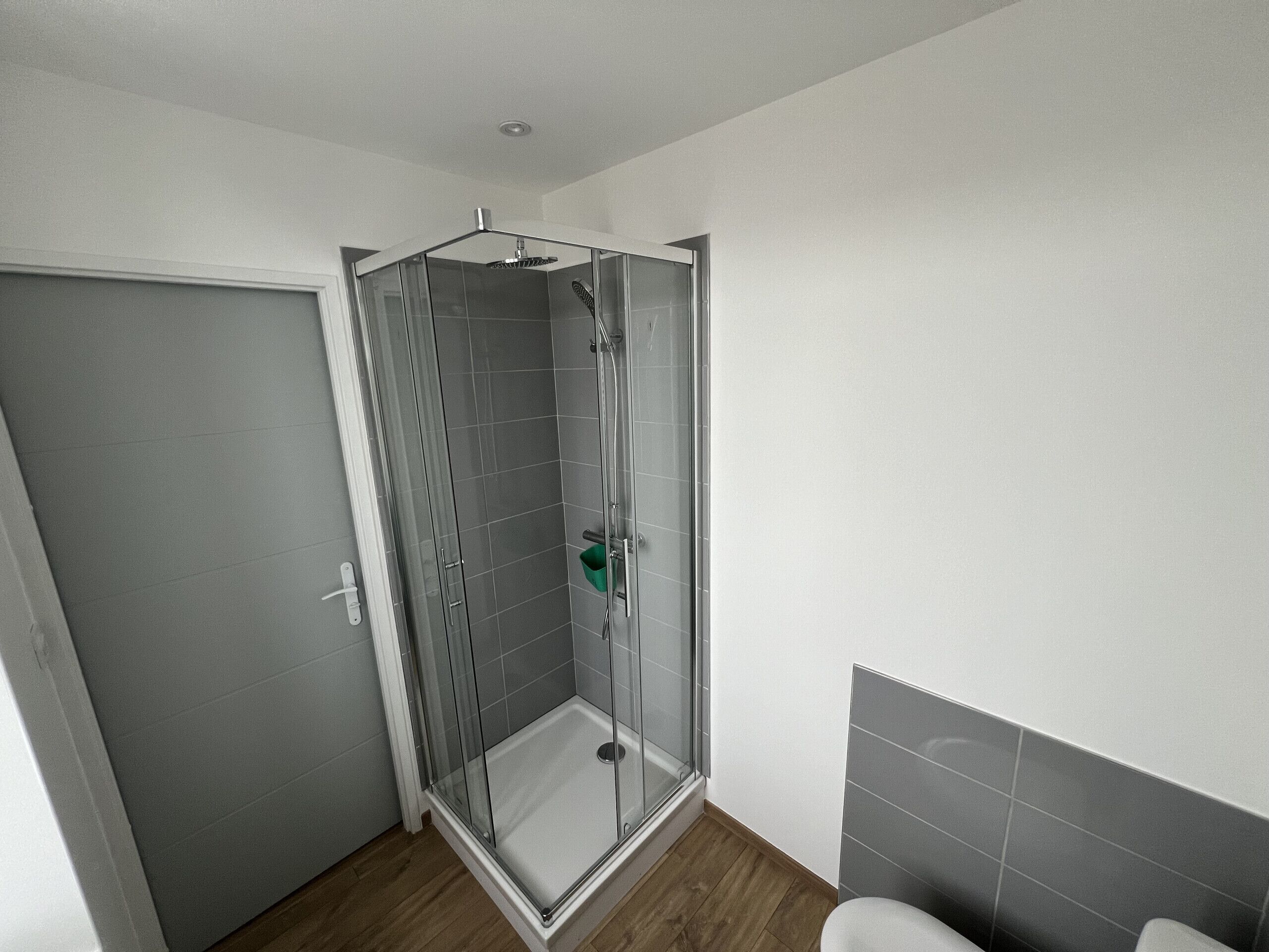 A modern bathroom with a glass-enclosed shower, a toilet, and a sink.