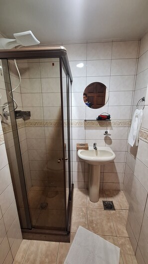 A bathroom with a glass-enclosed shower, a sink, and a mirror.