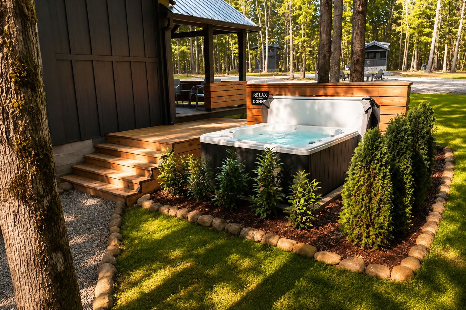 A hot tub surrounded by a wooden deck and a stone border, with a wooden pergola and a bench in the background.