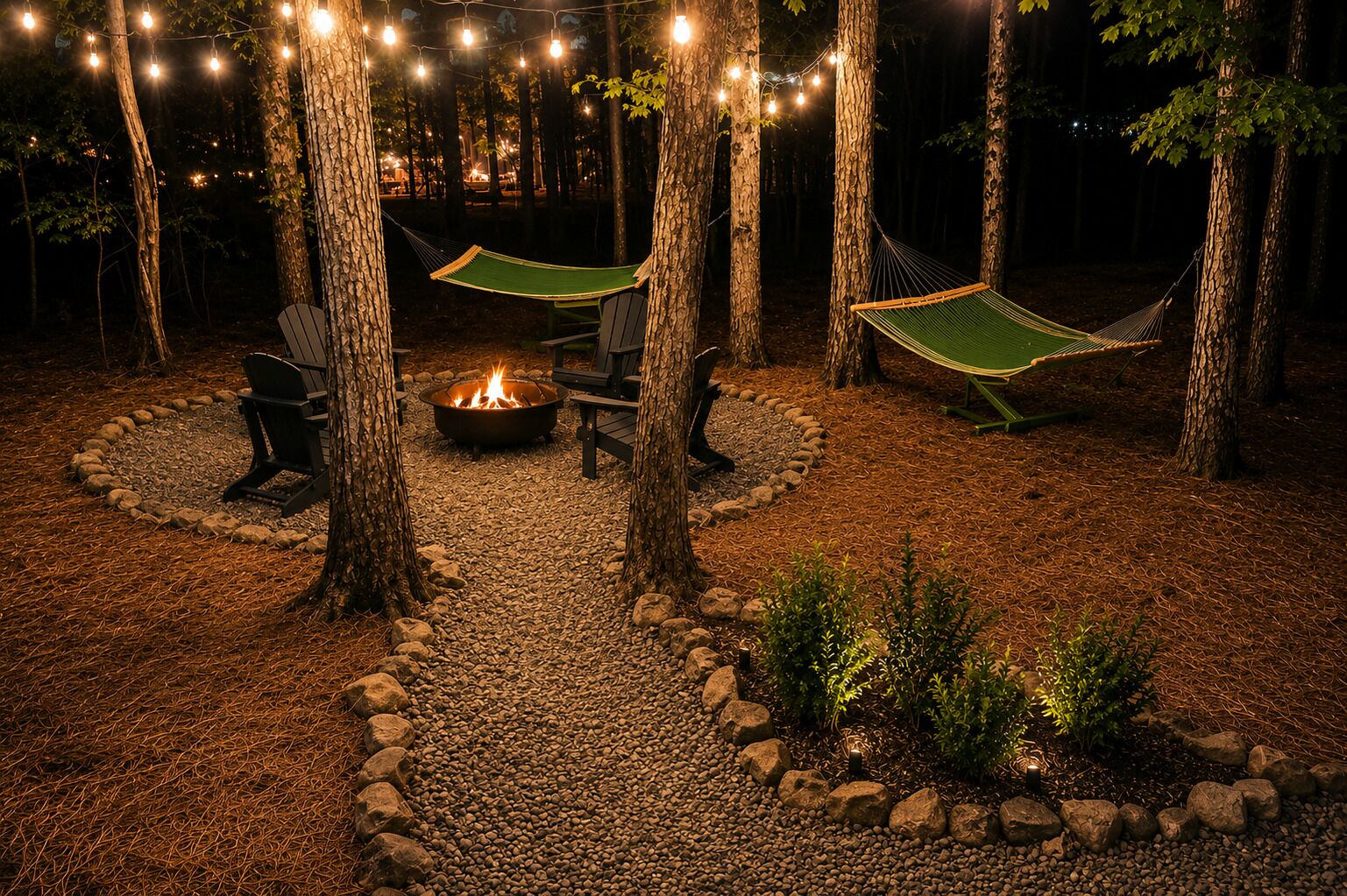 A nighttime outdoor setting with a fire pit, hammocks, and string lights.