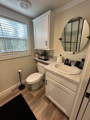 A bathroom with a toilet, sink, and mirror.
