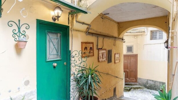 A narrow alleyway with a green door, potted plants, and a wall with framed pictures. - Pearl of Vesuvius  (Napoli)