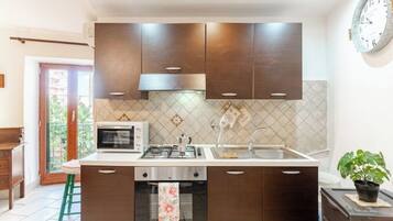 Fridge, microwave, oven, stovetop