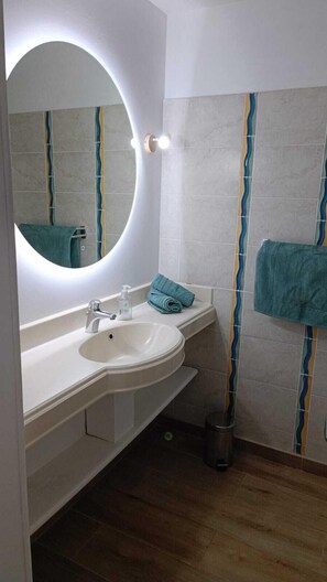 Shower, hair dryer, towels