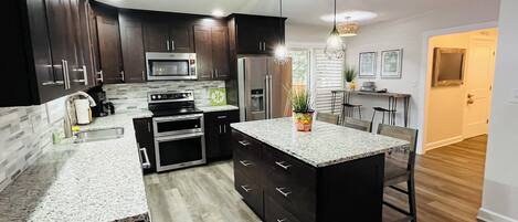 Microwave, stovetop, dishwasher, coffee/tea maker