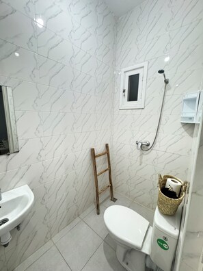 Secadora de cabello, toallas, papel de baño 