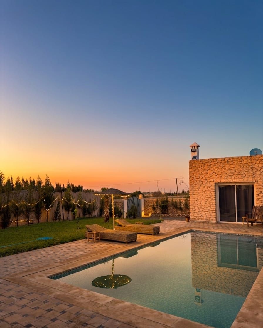 Una piscina con un muro de piedra, un espacio de descanso cubierto y vistas al atardecer.