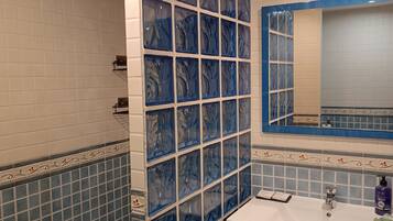 Shower, hair dryer, bidet, towels