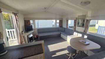 Flat-screen TV, fireplace