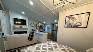 A modern living space with a sofa, a patterned rug, a kitchen area with appliances, and a mounted artwork. - Sunset Tiny House Retreat | Fire Pit & Starry Sky (Logan)