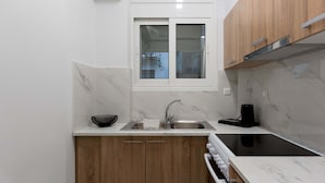 A compact kitchen with wooden cabinets, a built-in stove, a sink, and a window above the countertop. - Phaedrus Living Kolonaki Maple Residence (Athens)